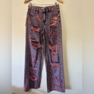 Machine Distressed wide leg pink and purple wash jeans- Size 3 NWT